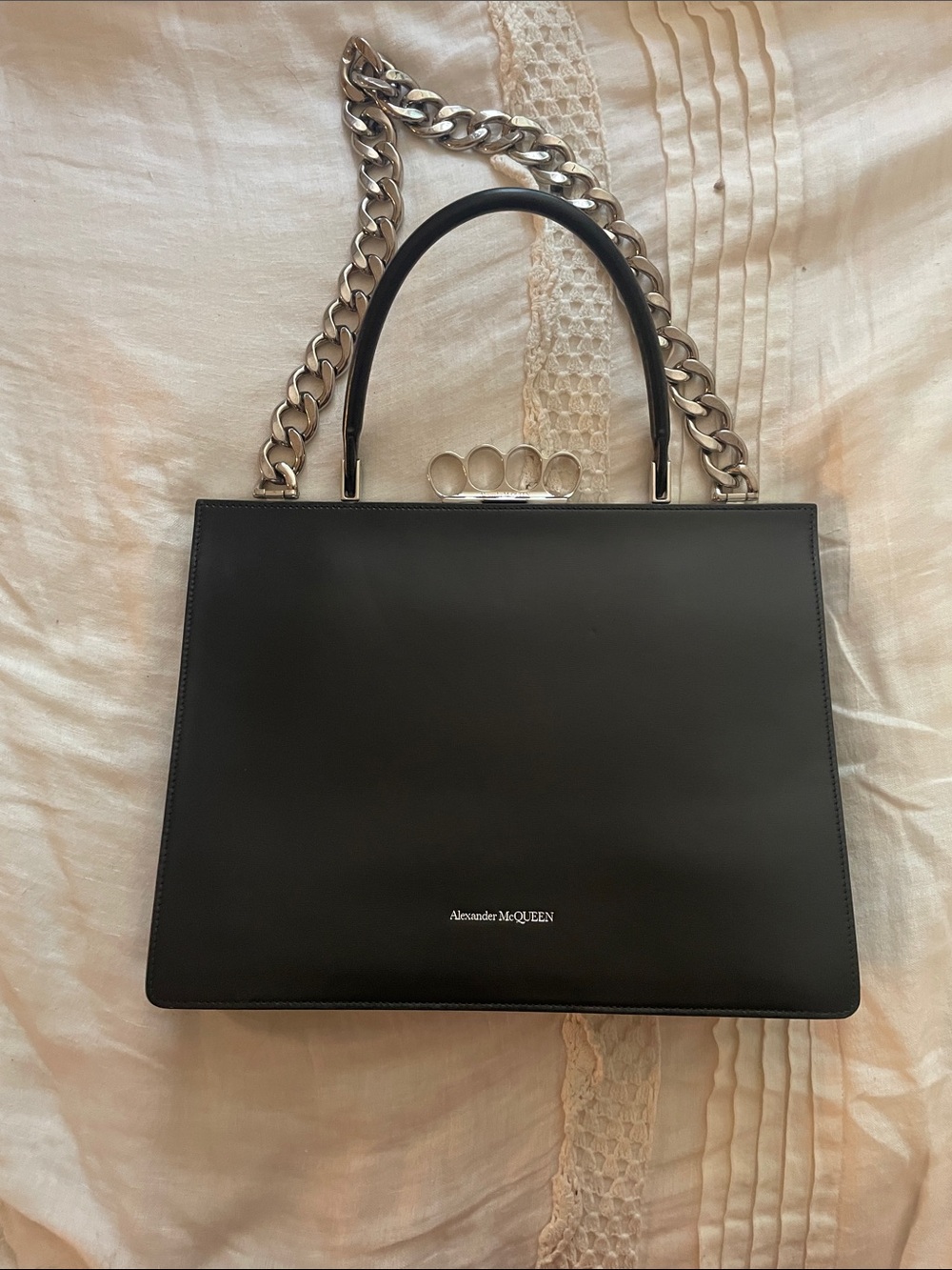 Alexander McQueen Black Leather Satchel with Knuckle-Detail and Chain Strap